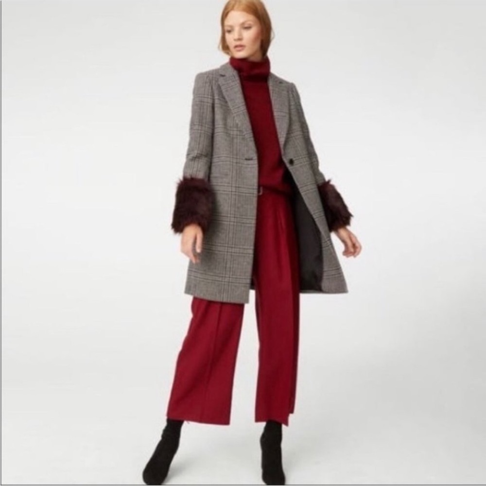 Club Monaco Wool Plaid Starella Coat Faux Fur Sleeve Trim M